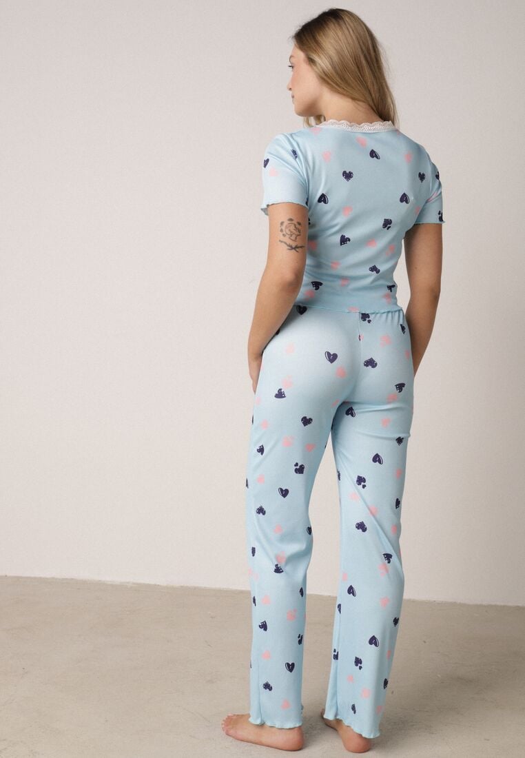 Niebieski Komplet Piżamowy z Elastycznego Materiału Spodnie i Bluzka w Serca Veys 3