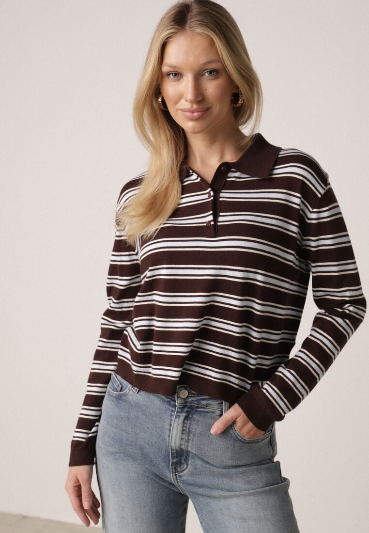 Brązowy Sweter w Paski z Kołnierzykiem z Wiskozą Minkalia 1