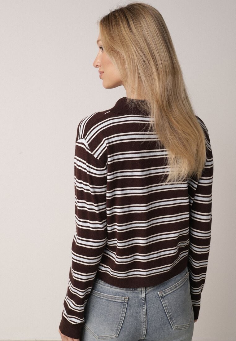 Brązowy Sweter w Paski z Kołnierzykiem z Wiskozą Minkalia 3