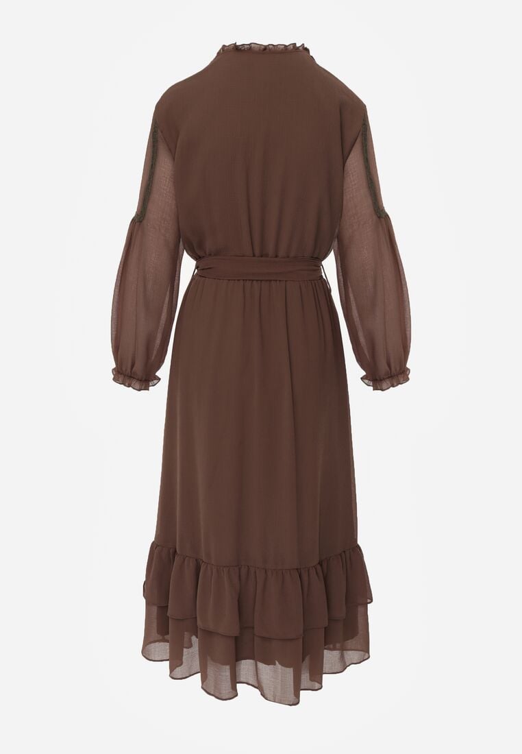 Brązowa Rozkloszowana Sukienka Ozdobiona Falbanami Paskiem i Guzikami Nevissia 7