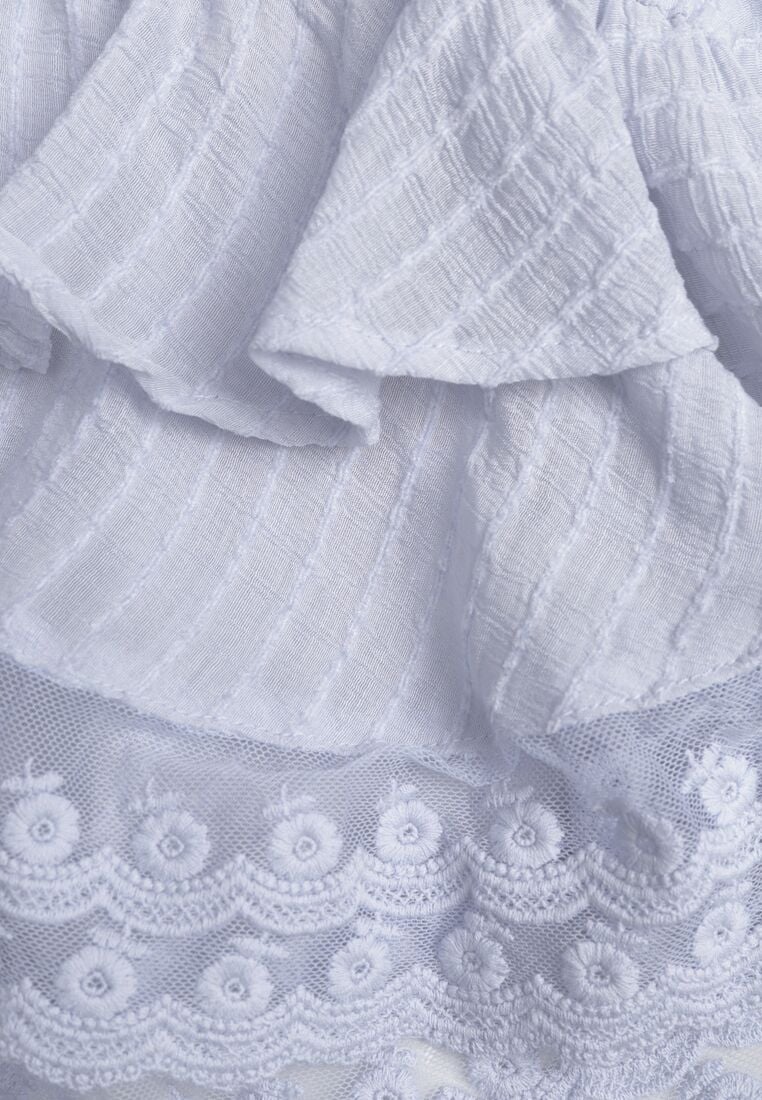 Niebieska Wiskozowa Bluzka w Rustykalnym Stylu z Koronką Falbanami i Wiązaniami Elleflona 8