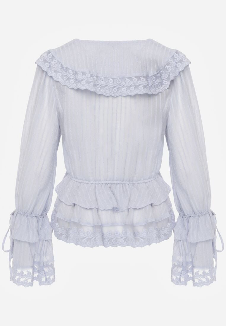 Niebieska Wiskozowa Bluzka w Rustykalnym Stylu z Koronką Falbanami i Wiązaniami Elleflona 7
