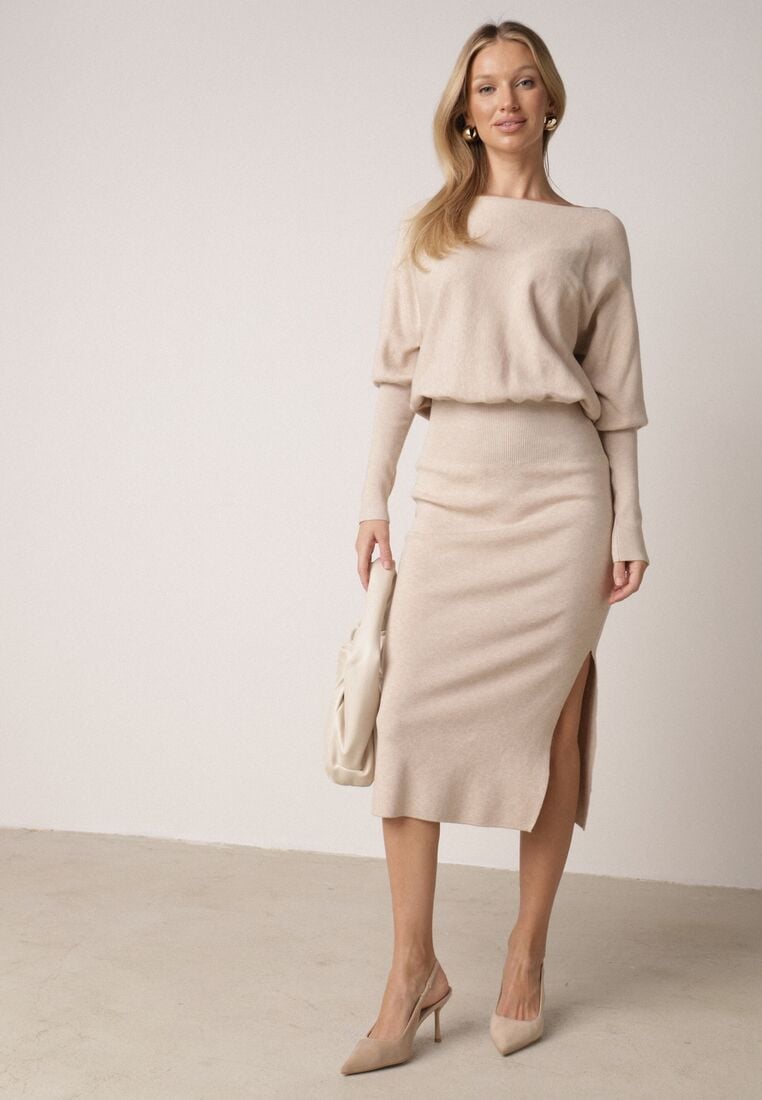 Beżowa Dzianinowa Sukienka z Wiskozą o Nietoperzowym Kroju z Dekoltem w Łódkę Tisan 5