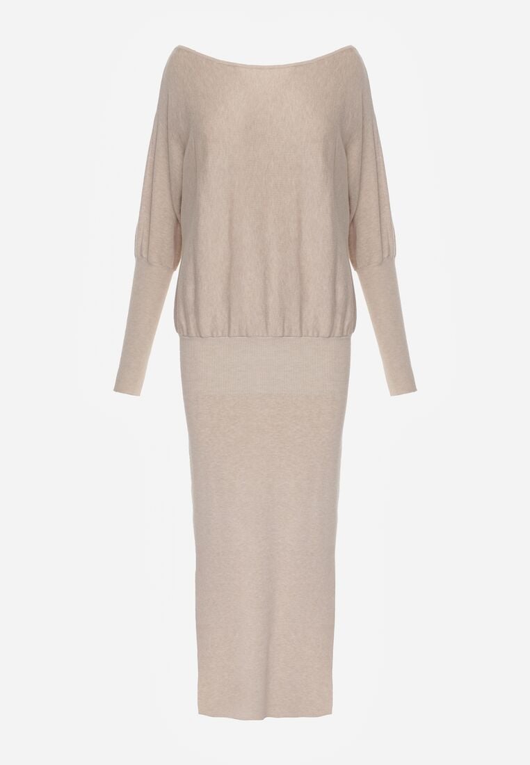 Beżowa Dzianinowa Sukienka z Wiskozą o Nietoperzowym Kroju z Dekoltem w Łódkę Tisan 6
