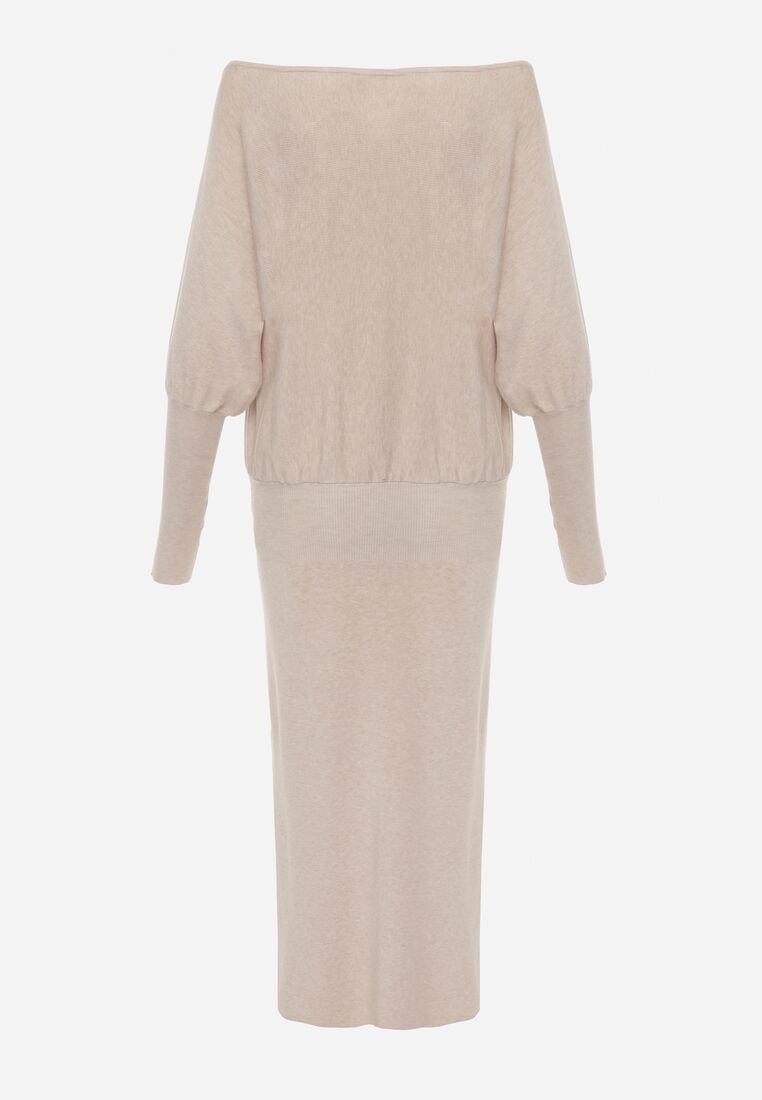 Beżowa Dzianinowa Sukienka z Wiskozą o Nietoperzowym Kroju z Dekoltem w Łódkę Tisan 7