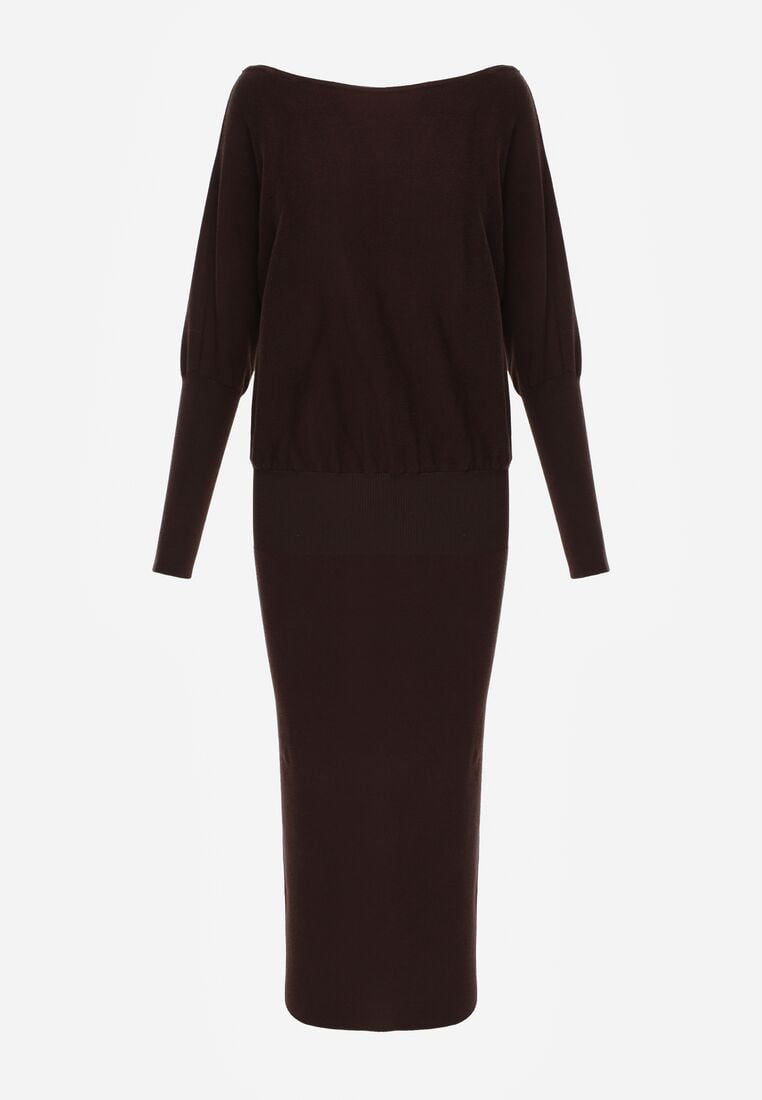 Brązowa Dzianinowa Sukienka z Wiskozą o Nietoperzowym Kroju z Dekoltem w Łódkę Tisan 6