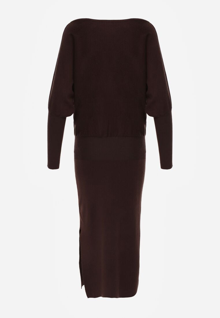 Brązowa Dzianinowa Sukienka z Wiskozą o Nietoperzowym Kroju z Dekoltem w Łódkę Tisan 7