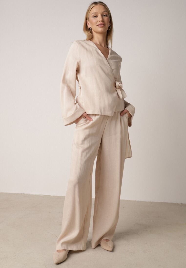 Beżowe Wiskozowe Spodnie z Szeroką Nogawką i Wiązaniem w Talii Terisanna 1