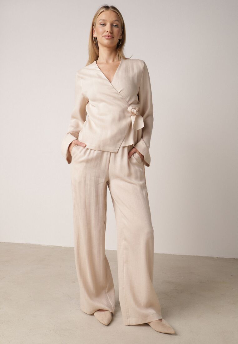 Beżowe Wiskozowe Spodnie z Szeroką Nogawką i Wiązaniem w Talii Terisanna 4