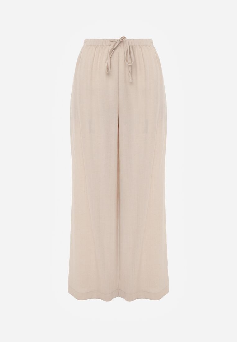 Beżowe Wiskozowe Spodnie z Szeroką Nogawką i Wiązaniem w Talii Terisanna 6