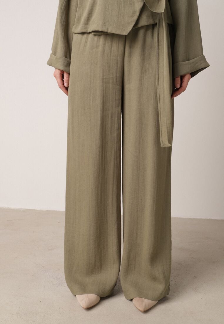 Zielone Wiskozowe Spodnie z Szeroką Nogawką i Wiązaniem w Talii Terisanna 2