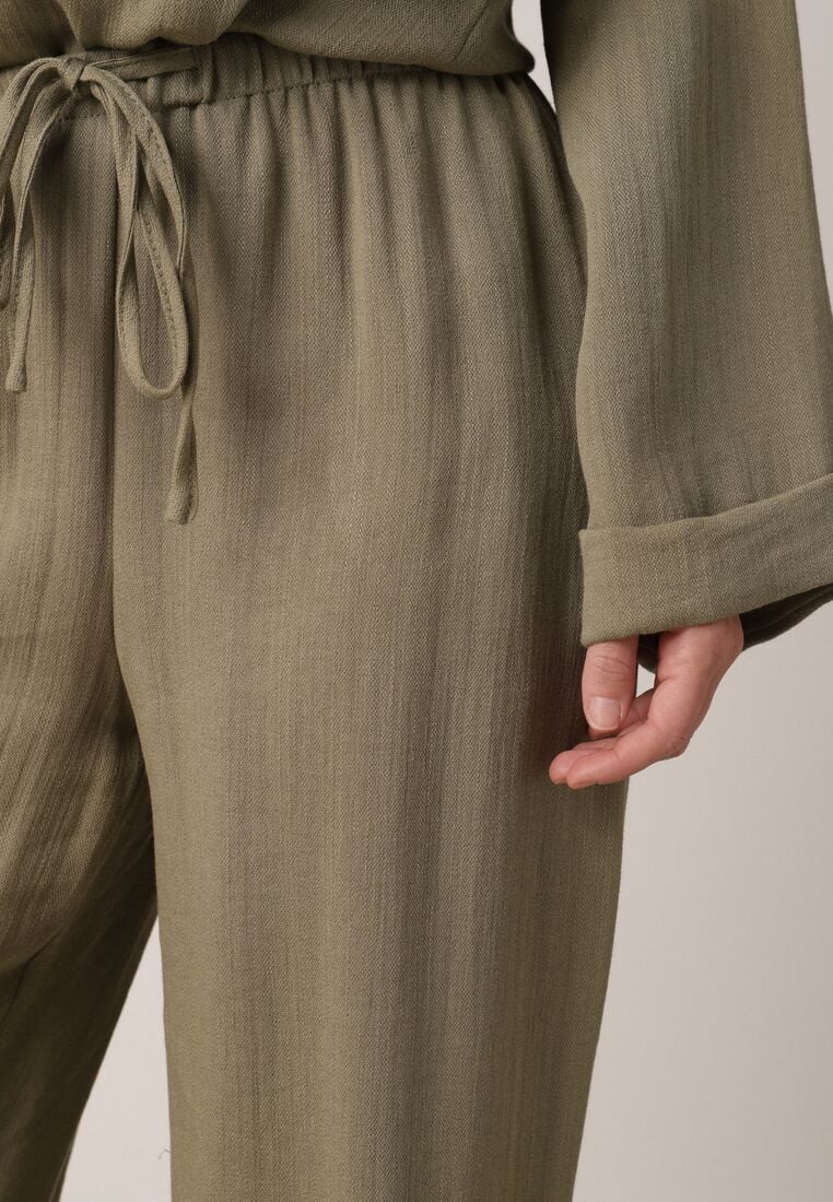 Zielone Wiskozowe Spodnie z Szeroką Nogawką i Wiązaniem w Talii Terisanna 5