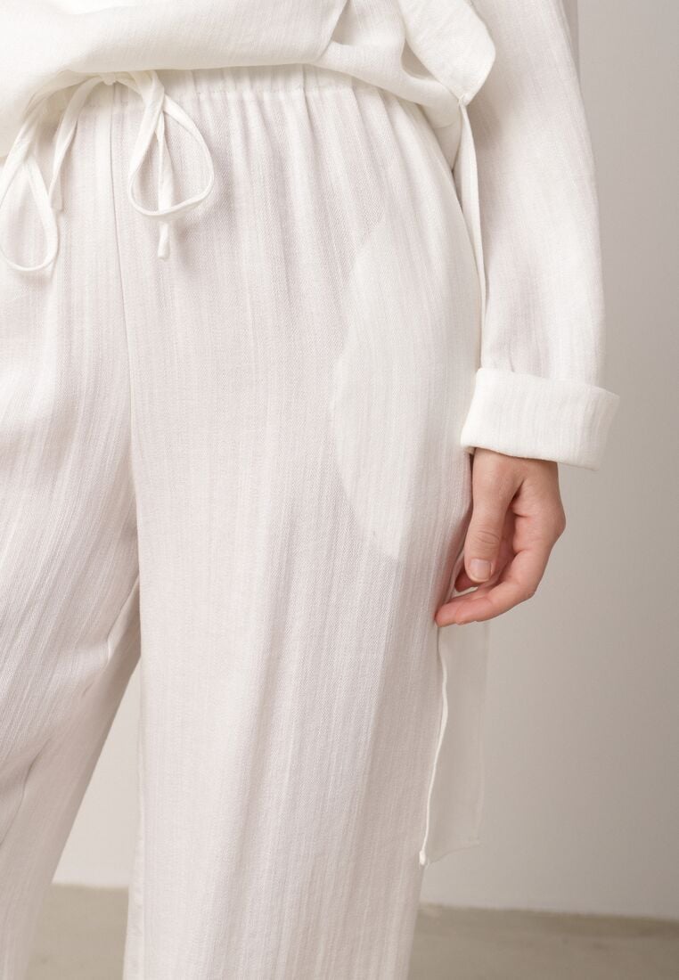 Białe Wiskozowe Spodnie z Szeroką Nogawką i Wiązaniem w Talii Terisanna 4