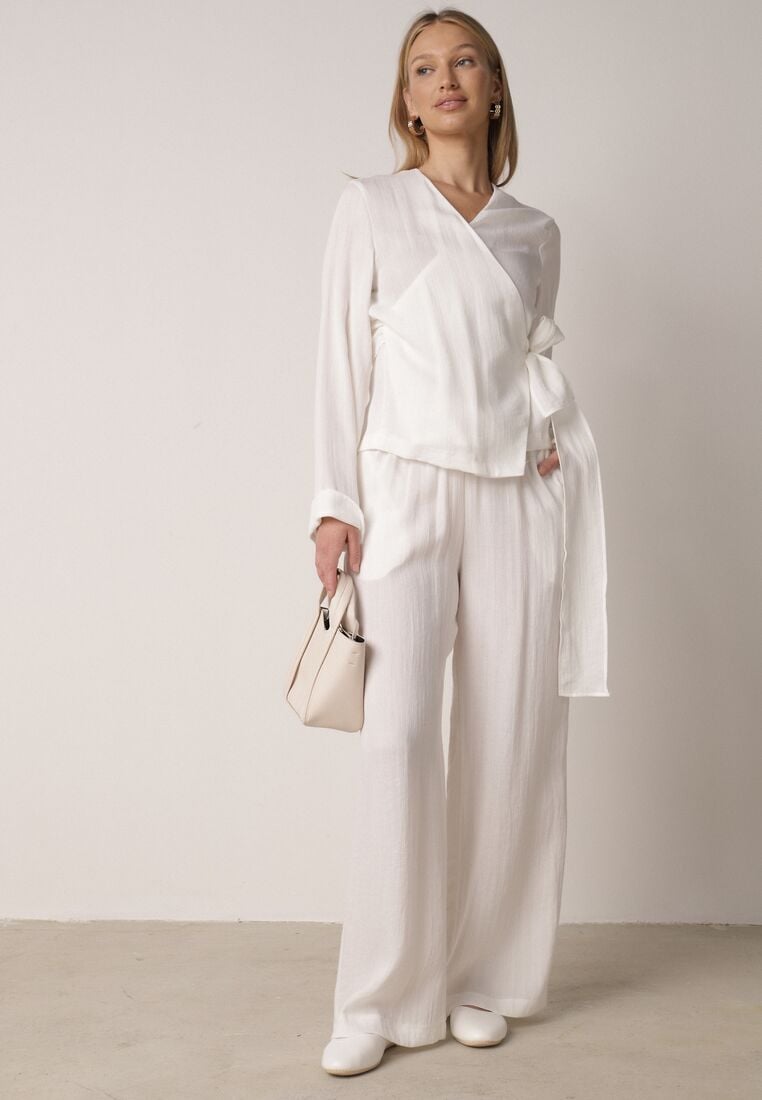 Białe Wiskozowe Spodnie z Szeroką Nogawką i Wiązaniem w Talii Terisanna 5