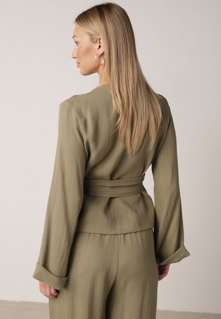 Zielona Kopertowa Bluzka z Wiskozy Ozdobiona Wiązaniem Velanitte 3