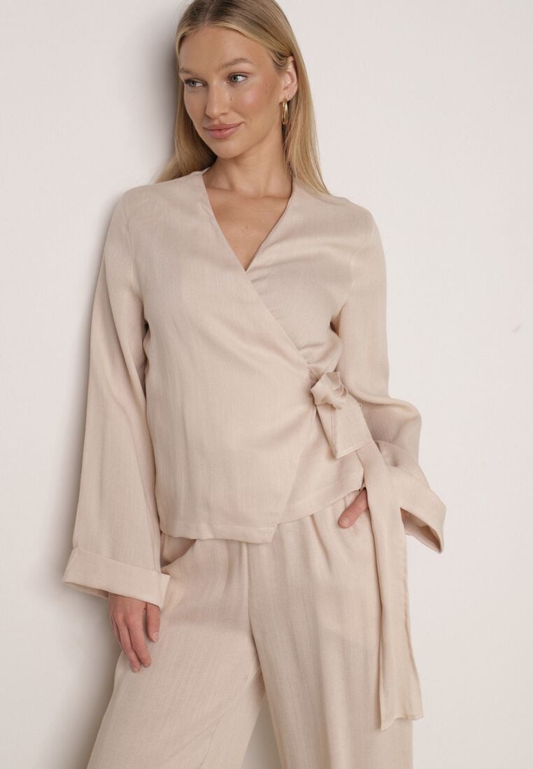 Beżowa Kopertowa Bluzka z Wiskozy Ozdobiona Wiązaniem Velanitte 1