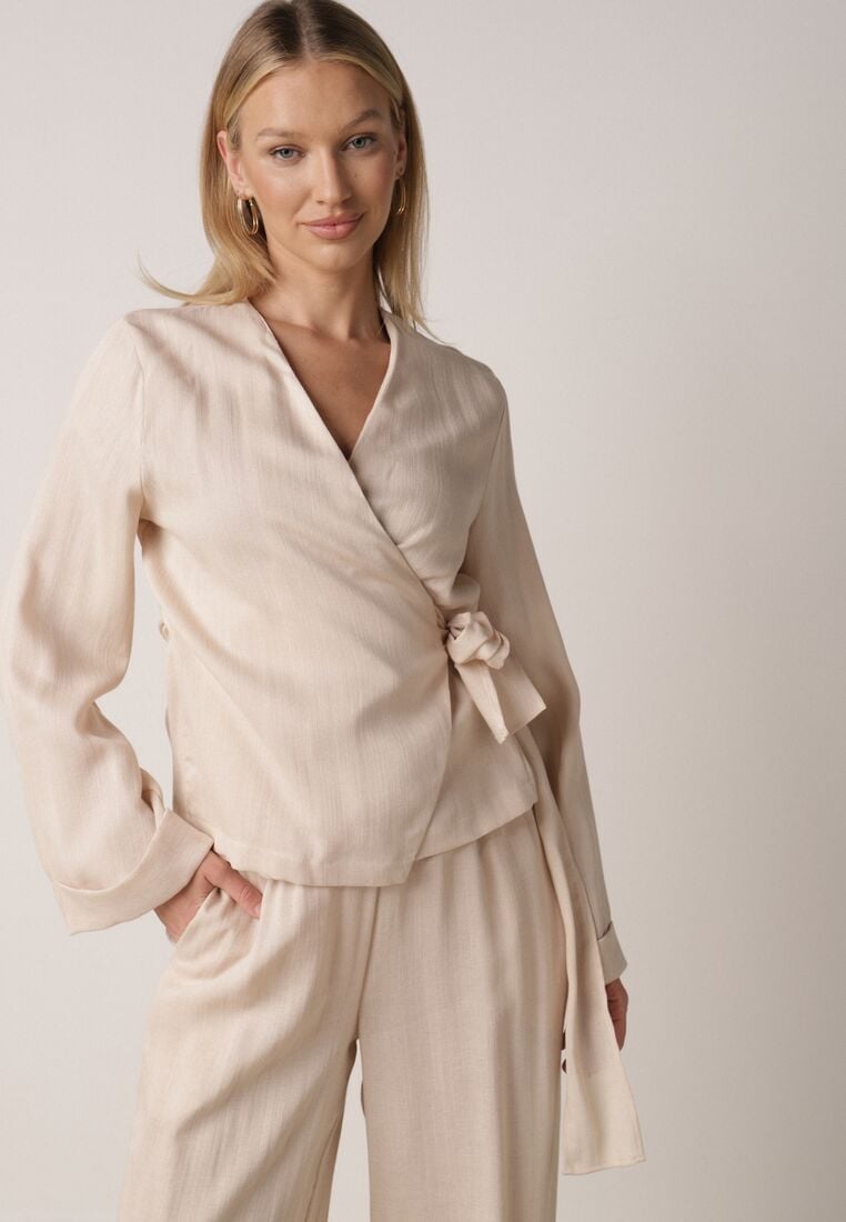 Beżowa Kopertowa Bluzka z Wiskozy Ozdobiona Wiązaniem Velanitte 4