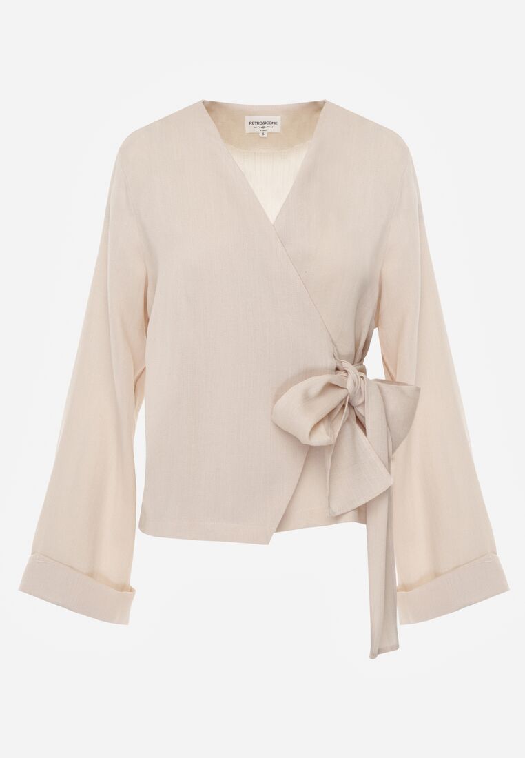 Beżowa Kopertowa Bluzka z Wiskozy Ozdobiona Wiązaniem Velanitte 6