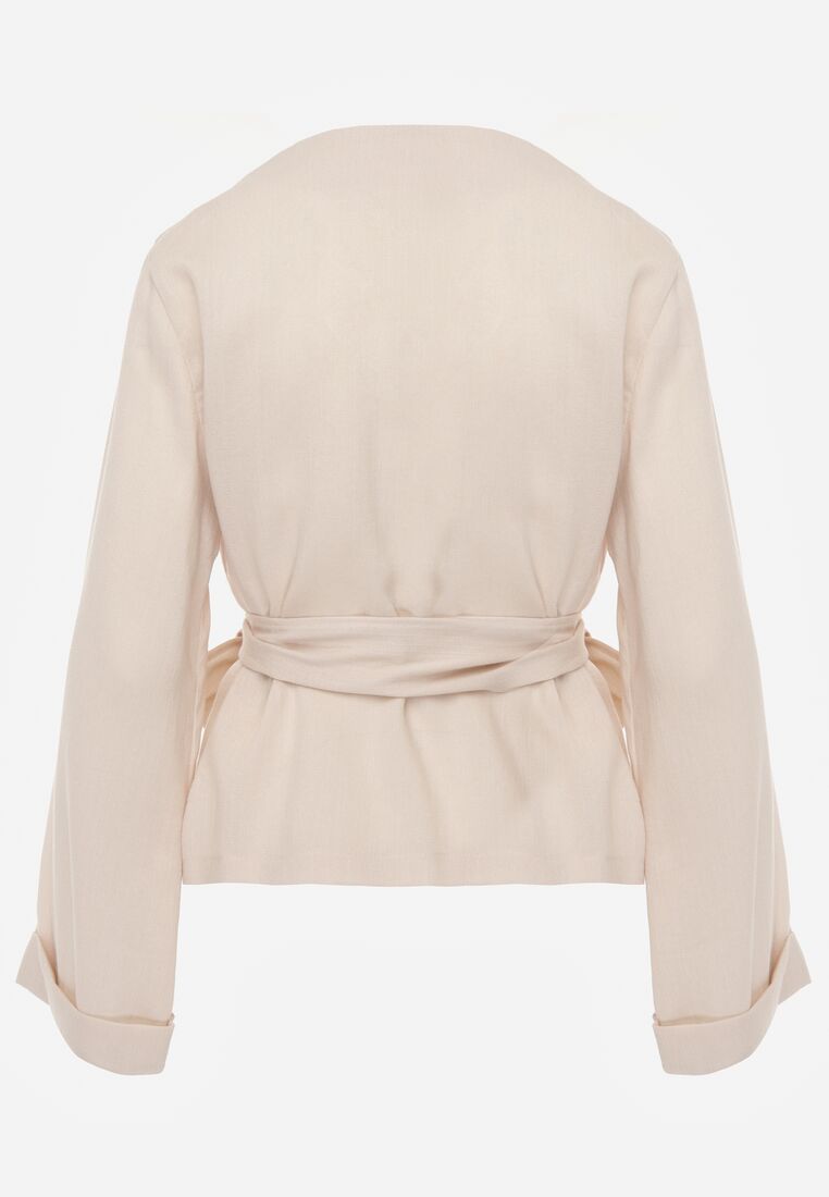 Beżowa Kopertowa Bluzka z Wiskozy Ozdobiona Wiązaniem Velanitte 7