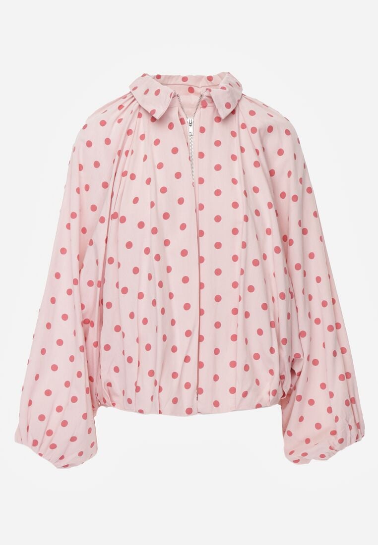 Różowa Bluza w Groszki z Wiskozą o Nietoperzowym Kroju z Kołnierzykiem Rayo 6