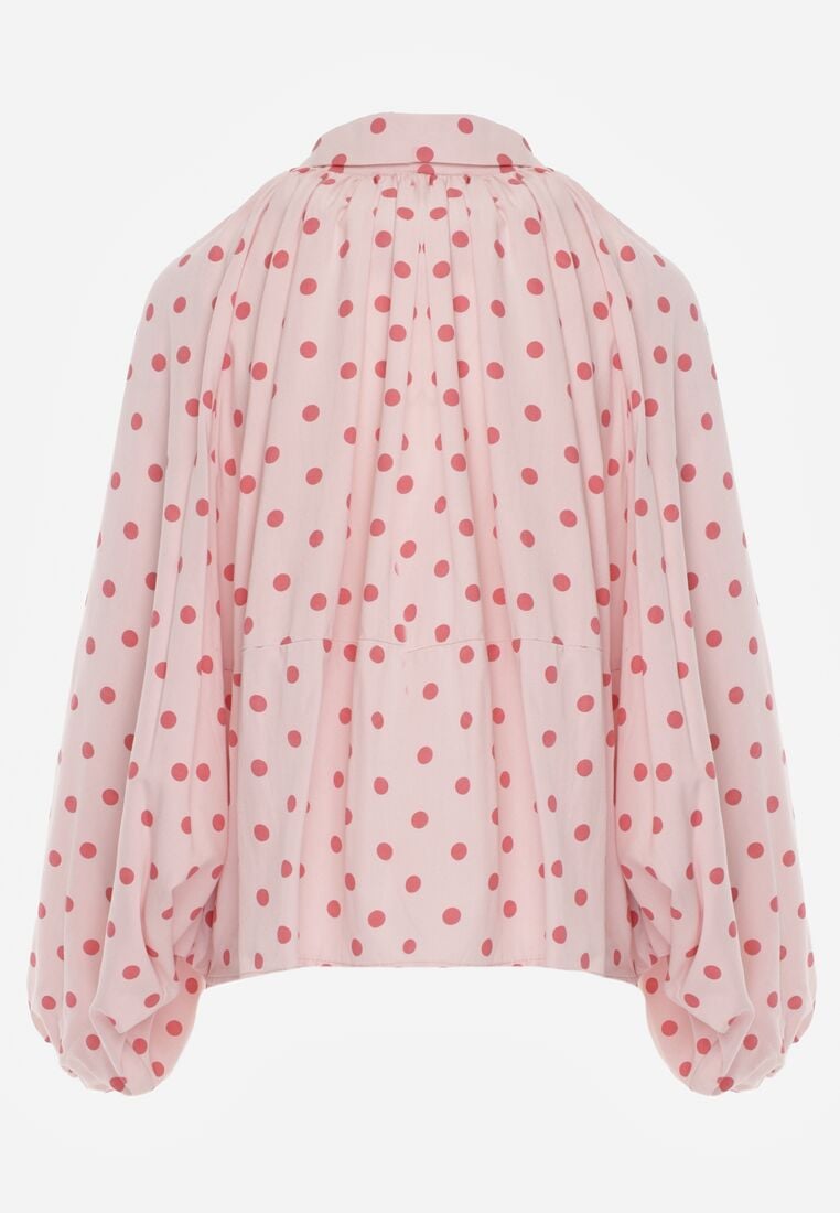 Różowa Bluza w Groszki z Wiskozą o Nietoperzowym Kroju z Kołnierzykiem Rayo 7