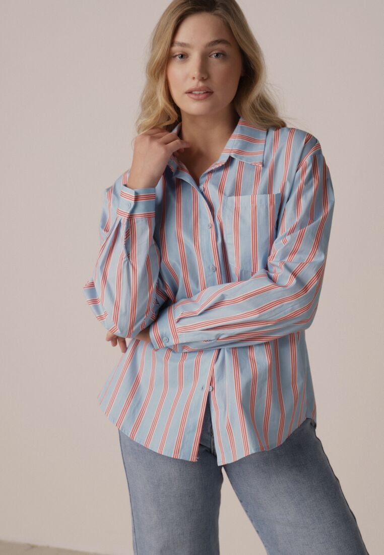 Niebieska Bawełniana Koszula o Kroju Oversize Ozdobiona Pionowymi Paskami Ulialia 1