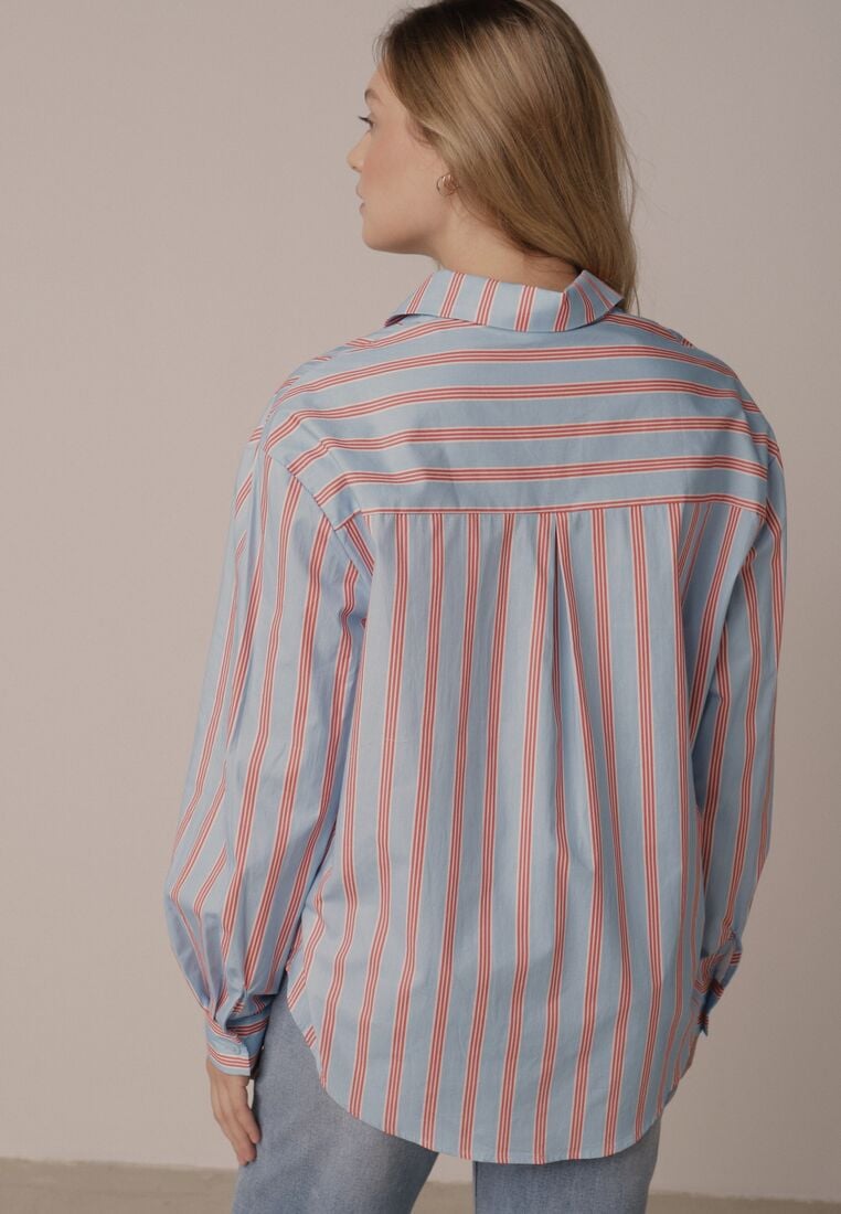 Niebieska Bawełniana Koszula o Kroju Oversize Ozdobiona Pionowymi Paskami Ulialia 3