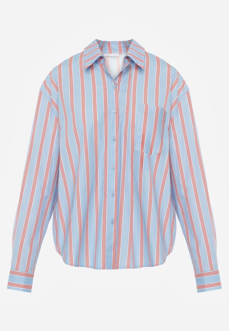 Niebieska Bawełniana Koszula o Kroju Oversize Ozdobiona Pionowymi Paskami Ulialia 6