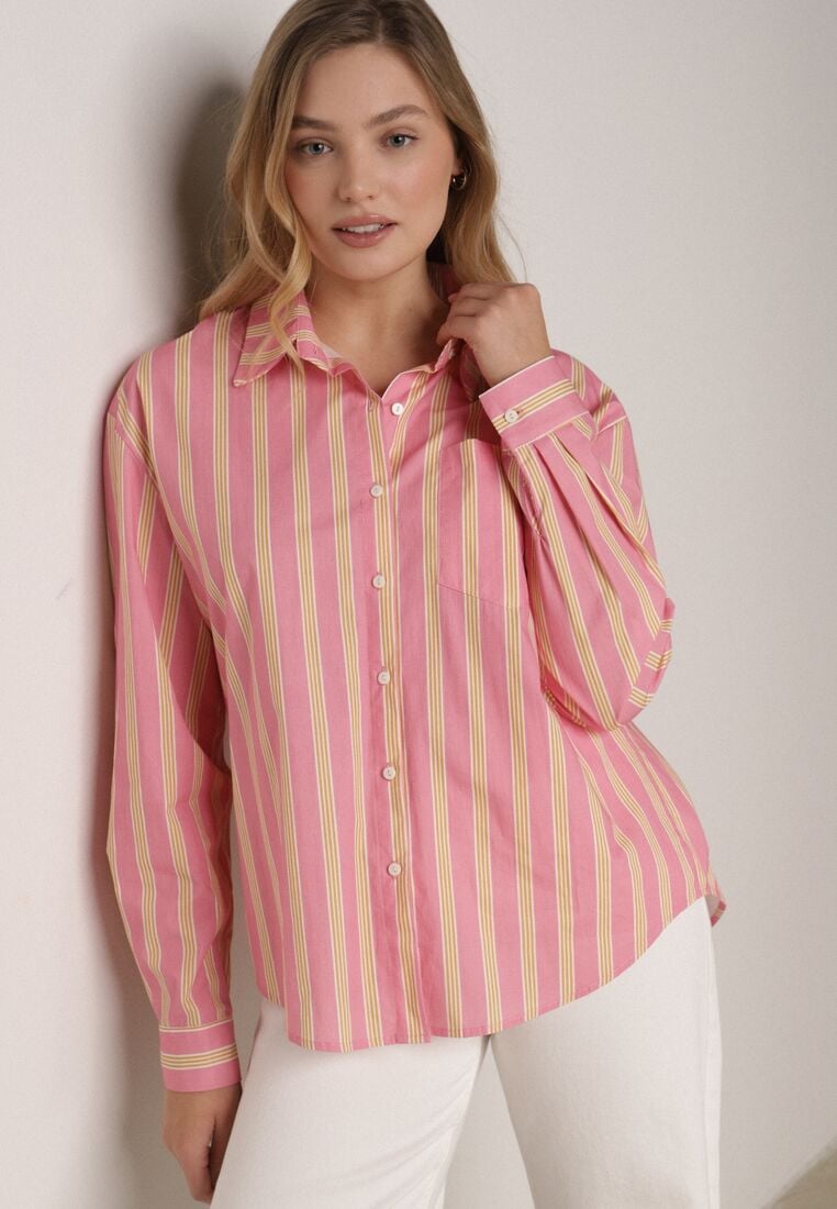 Różowa Bawełniana Koszula o Kroju Oversize Ozdobiona Pionowymi Paskami Ulialia 4
