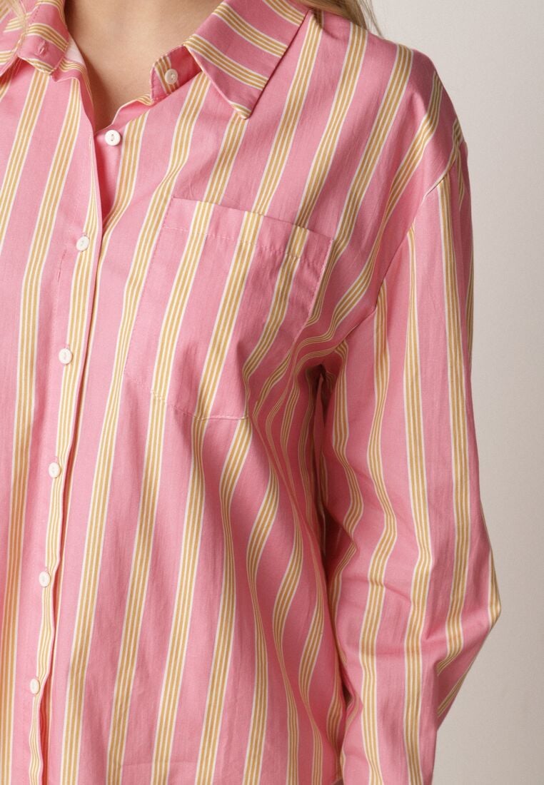 Różowa Bawełniana Koszula o Kroju Oversize Ozdobiona Pionowymi Paskami Ulialia 5