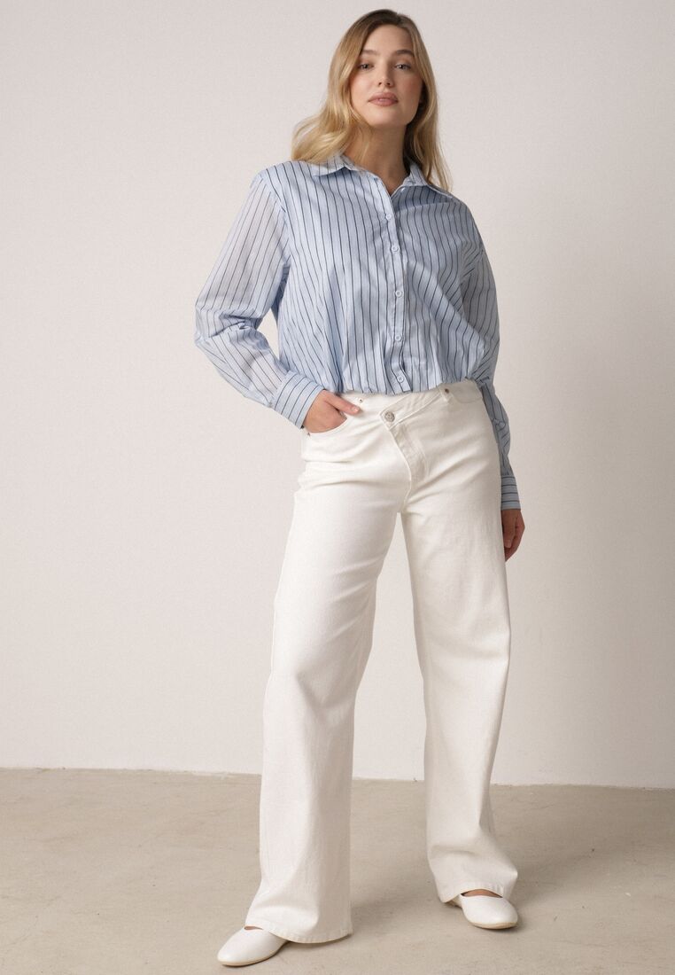 Niebieska Bawełniana Koszula Oversize w Pionowe Paski z Gumką Kycer 2