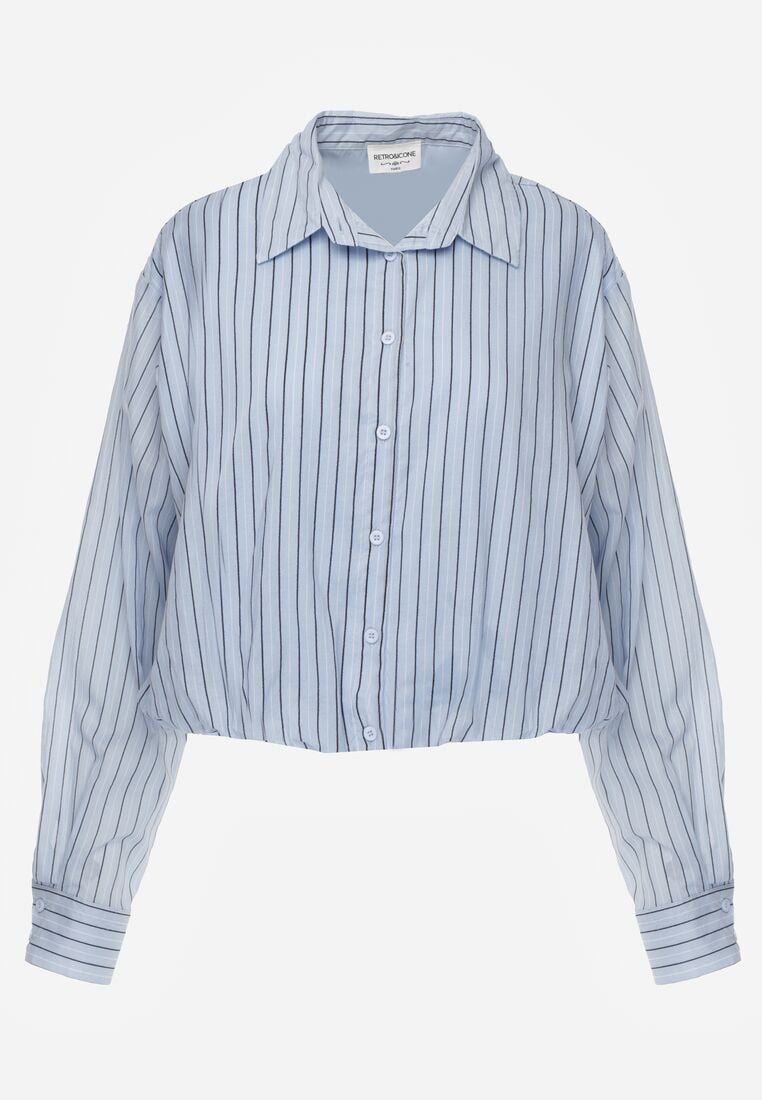 Niebieska Bawełniana Koszula Oversize w Pionowe Paski z Gumką Kycer 6