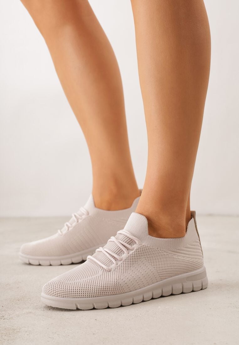 Beżowe Sznurowane Buty Sportowe Sneakersy z Siateczki Caeolea 2