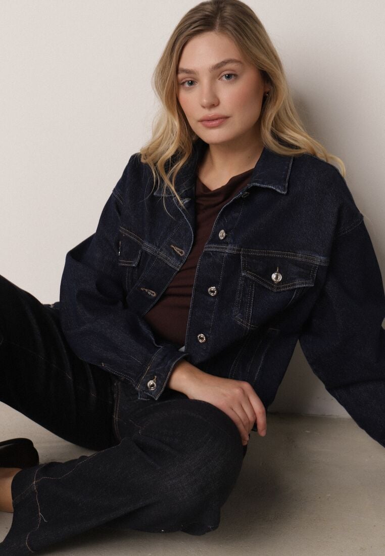 Granatowa Jeansowa Kurtka z Bawełną o Kroju Oversize Vimiloria 1
