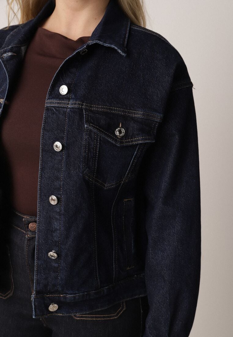 Granatowa Jeansowa Kurtka z Bawełną o Kroju Oversize Vimiloria 5
