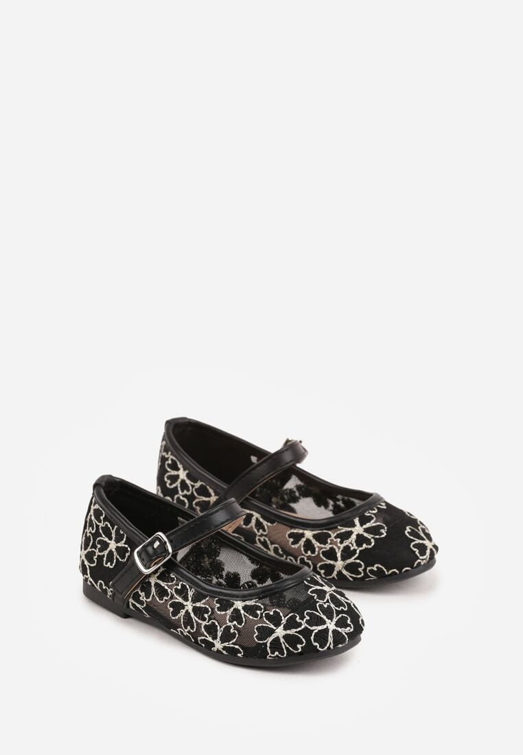 Czarne Siateczkowe Balerinki z Paskiem z Klamerką Zdobione Kwiatowym Haftem Canlea 2