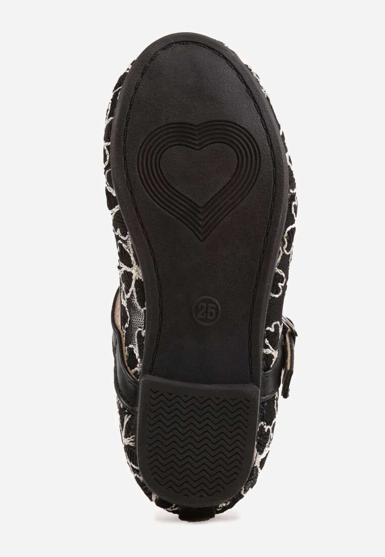 Czarne Siateczkowe Balerinki z Paskiem z Klamerką Zdobione Kwiatowym Haftem Canlea 4