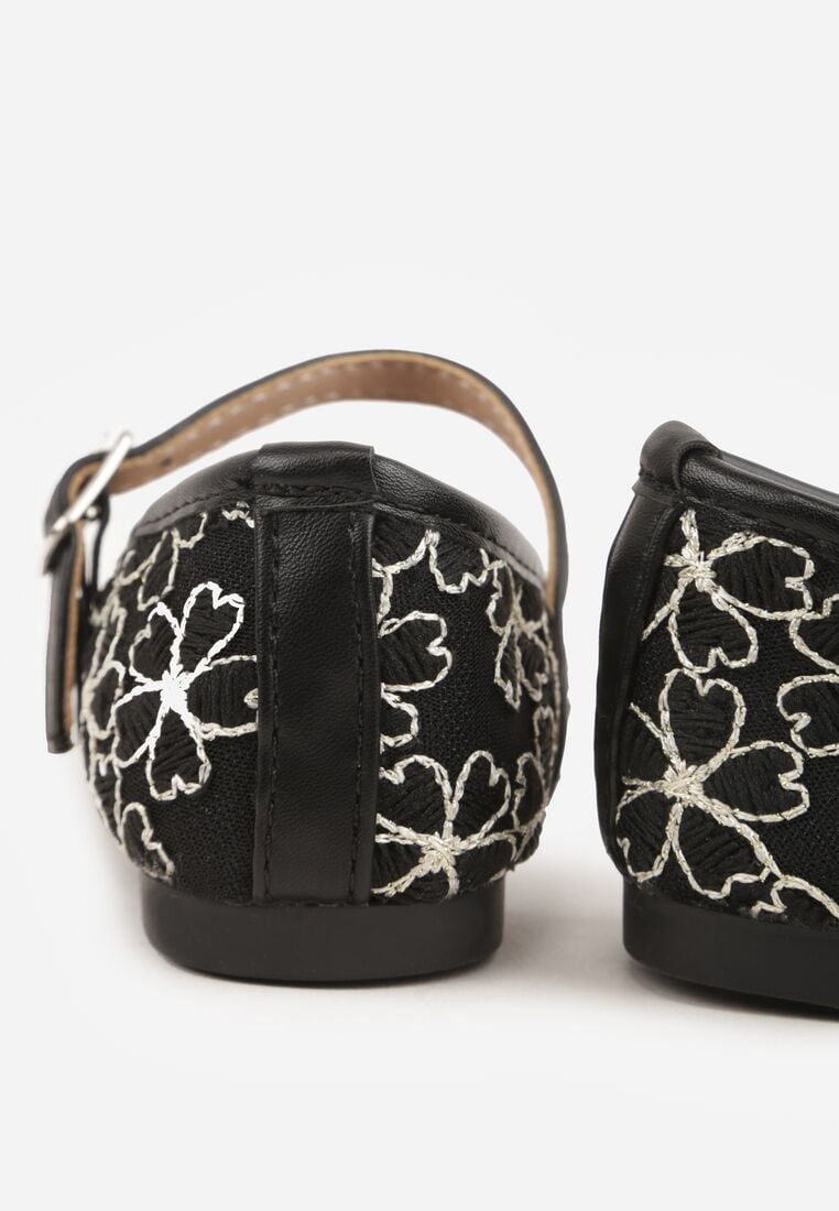 Czarne Siateczkowe Balerinki z Paskiem z Klamerką Zdobione Kwiatowym Haftem Canlea 6