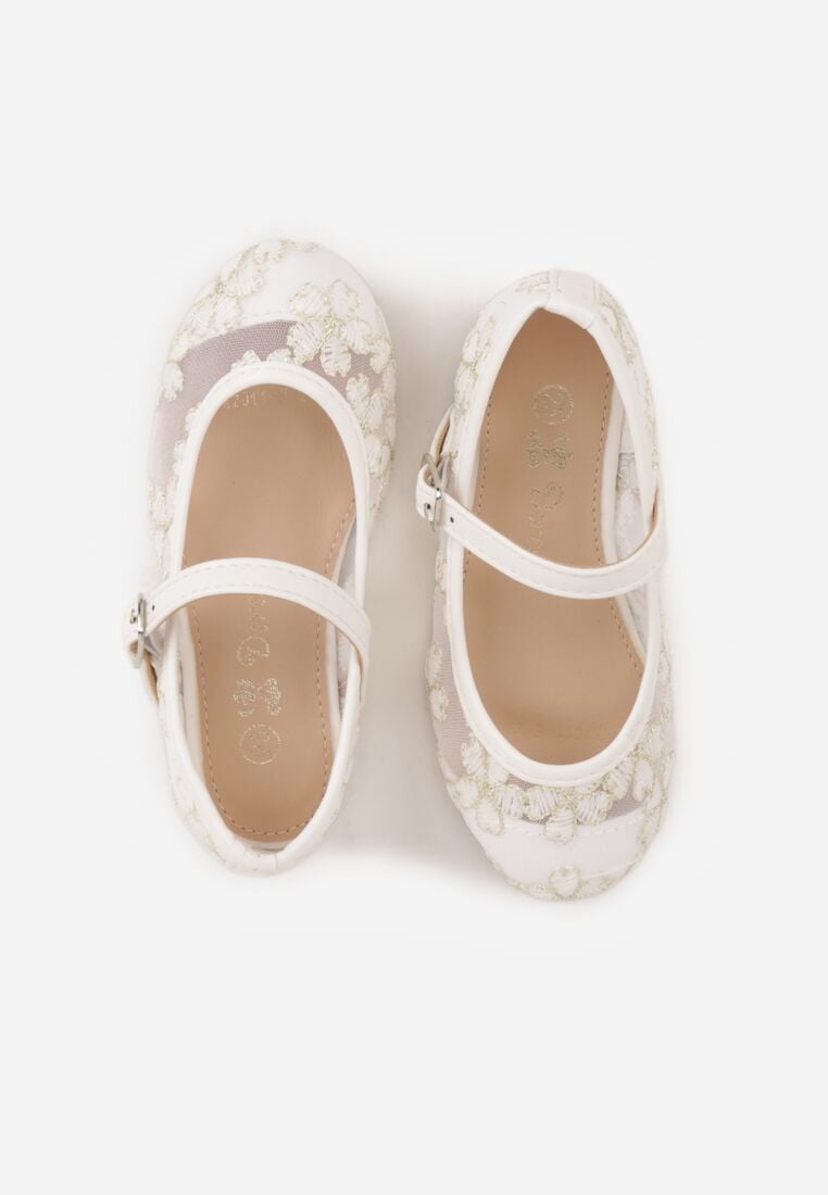 Białe Siateczkowe Balerinki z Paskiem z Klamerką Zdobione Kwiatowym Haftem Canlea 3