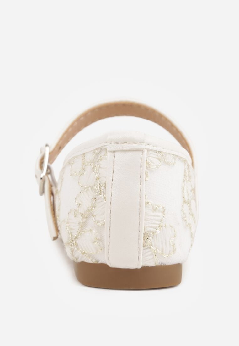 Białe Siateczkowe Balerinki z Paskiem z Klamerką Zdobione Kwiatowym Haftem Canlea 5