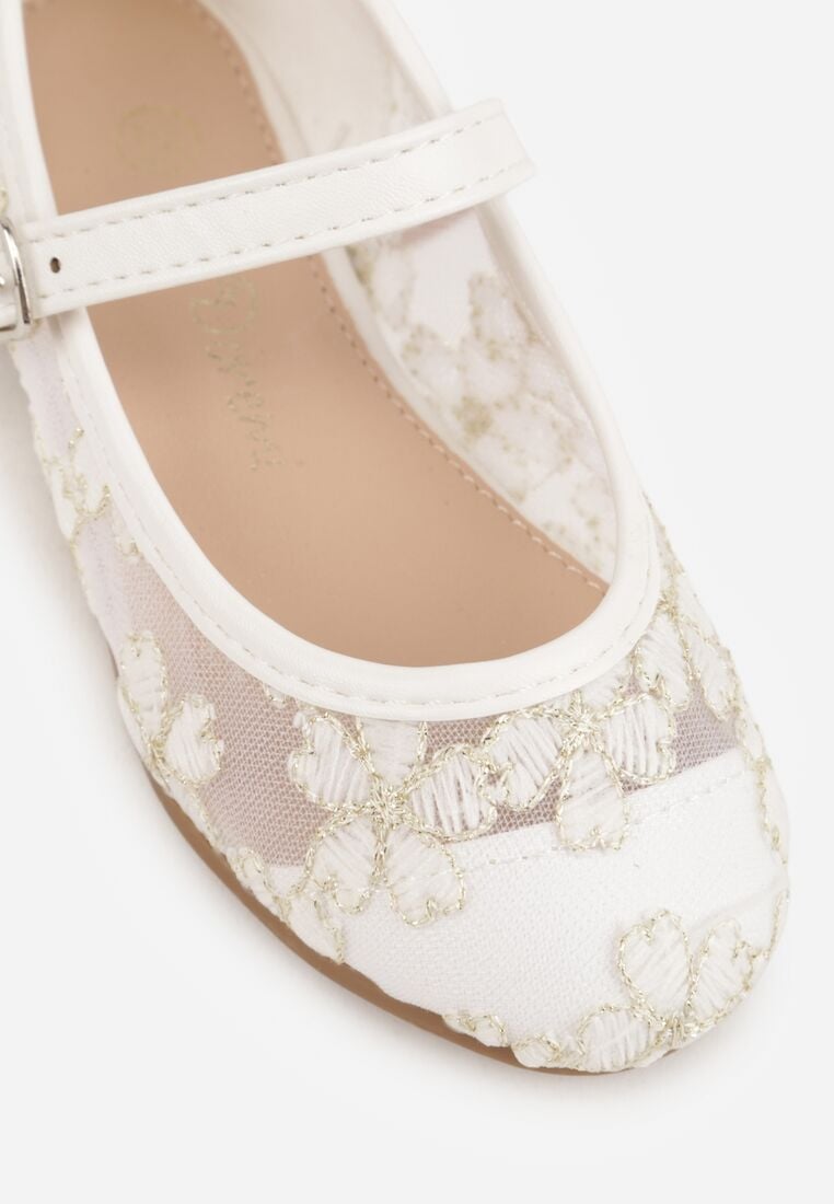 Białe Siateczkowe Balerinki z Paskiem z Klamerką Zdobione Kwiatowym Haftem Canlea 6