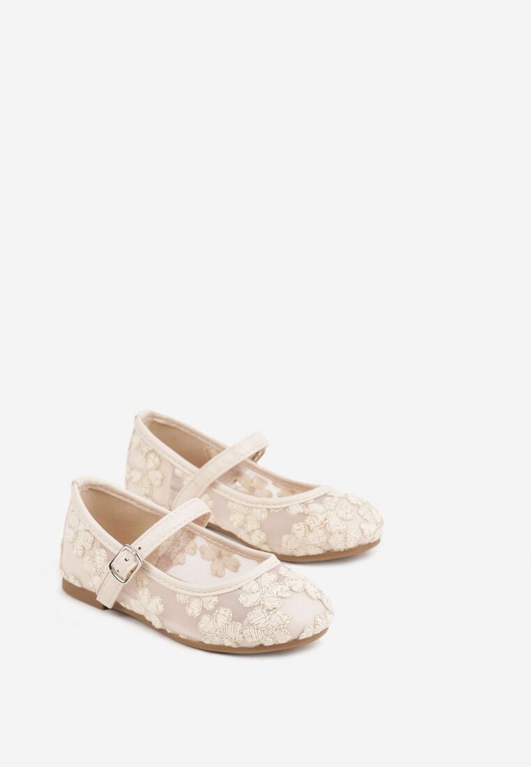 Beżowe Siateczkowe Balerinki z Paskiem z Klamerką Zdobione Kwiatowym Haftem Canlea 2