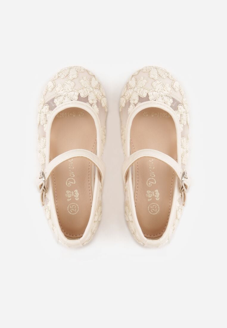 Beżowe Siateczkowe Balerinki z Paskiem z Klamerką Zdobione Kwiatowym Haftem Canlea 3