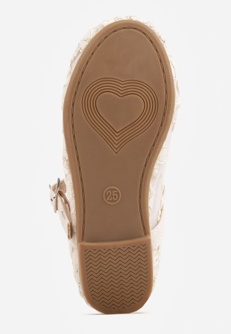 Beżowe Siateczkowe Balerinki z Paskiem z Klamerką Zdobione Kwiatowym Haftem Canlea 4