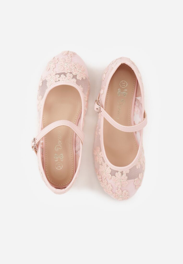 Różowe Siateczkowe Balerinki z Paskiem z Klamerką i Haftowanymi Kwiatami Erolea 3