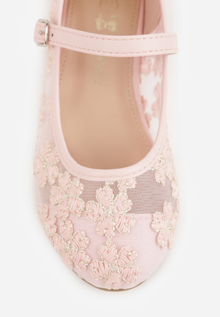 Różowe Siateczkowe Balerinki z Paskiem z Klamerką i Haftowanymi Kwiatami Erolea 6