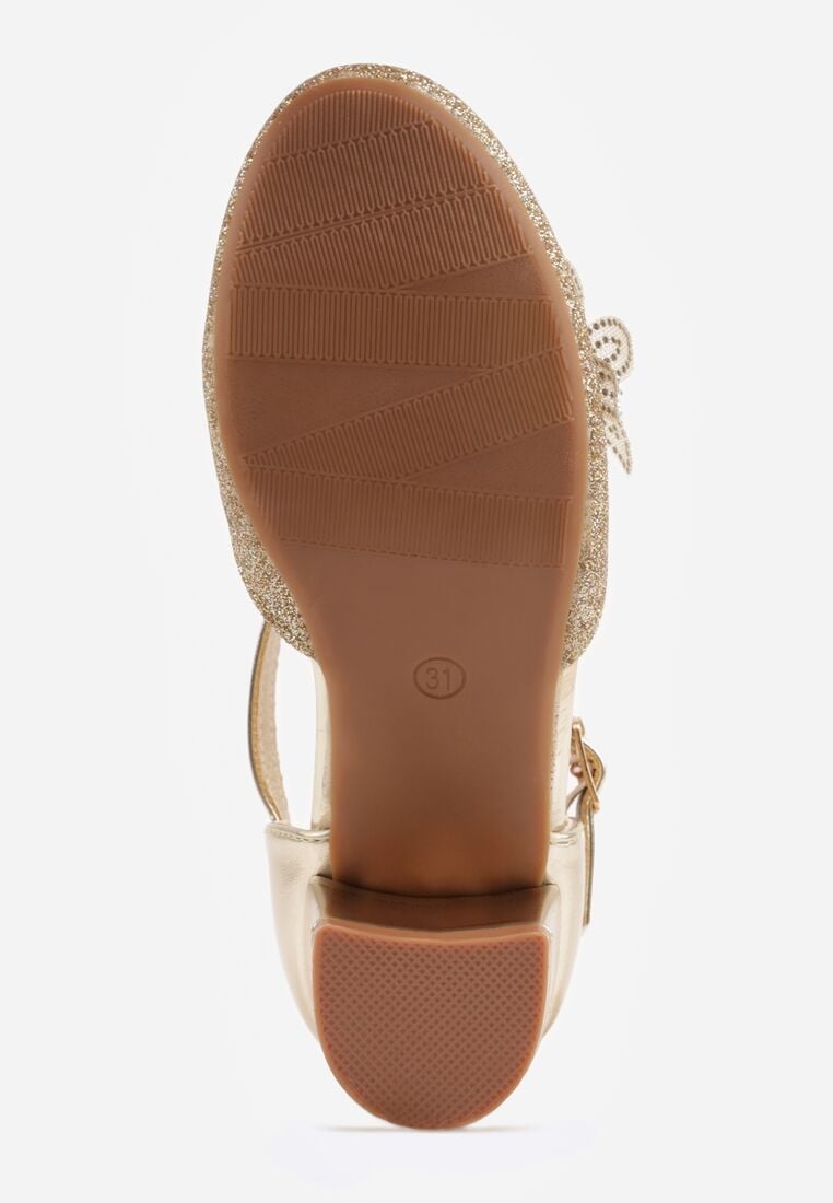 Złote Eleganckie Sandały Czółenka na Słupku z Brokatem i Kwiatową Aplikacją Maennes 4