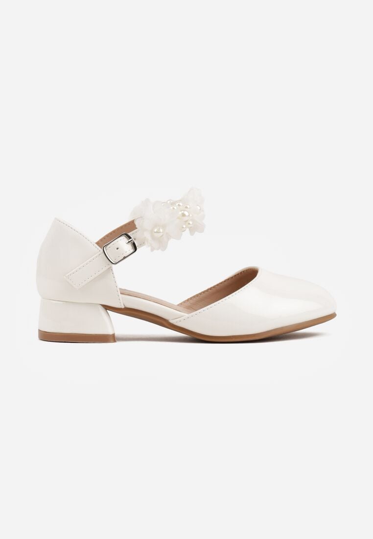 Białe Eleganckie Sandały Czółenka na Niskim Słupku z Kwiatową Aplikacją Hialea 1