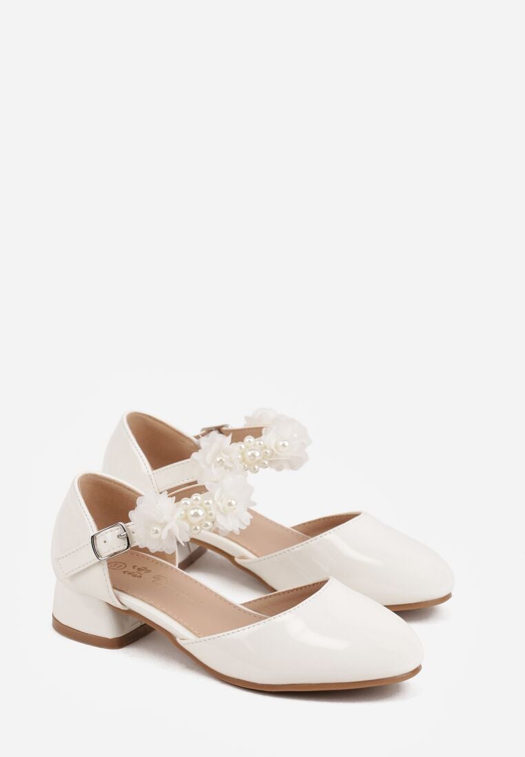 Białe Eleganckie Sandały Czółenka na Niskim Słupku z Kwiatową Aplikacją Hialea 2