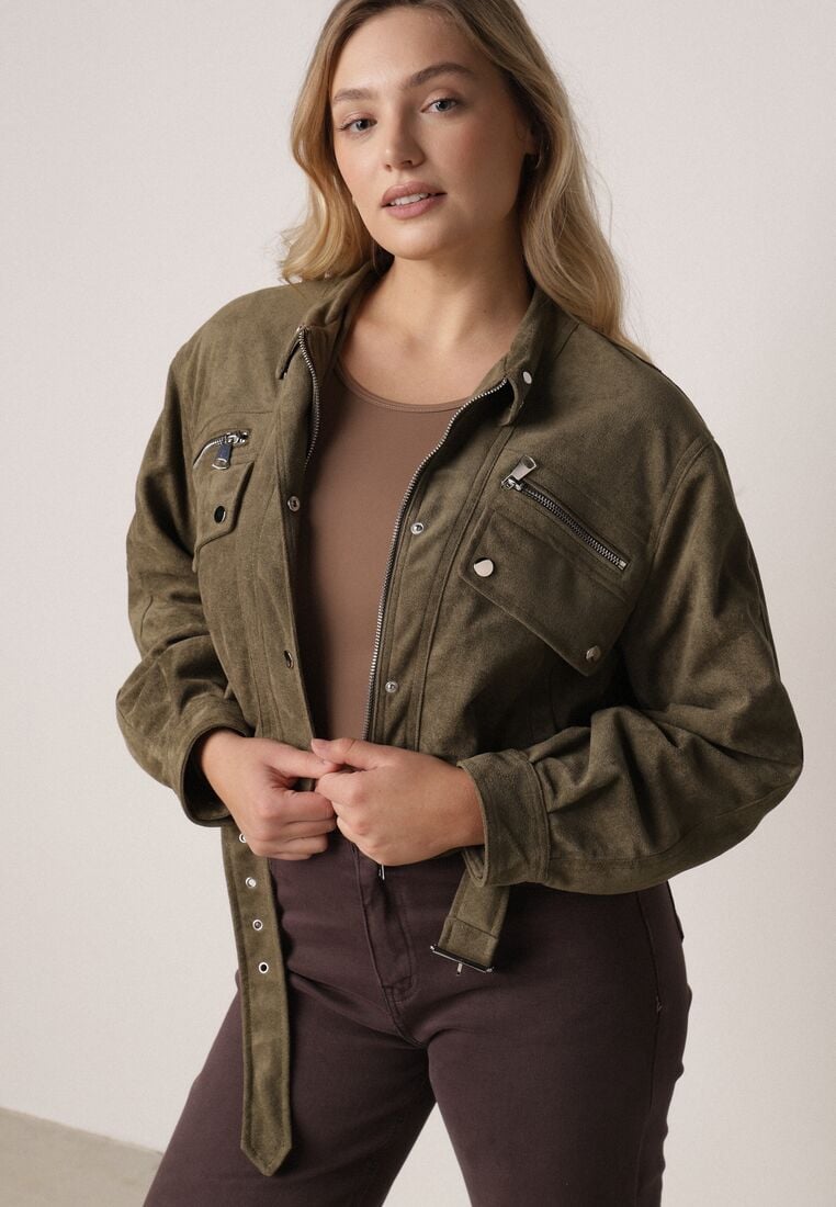 Ciemnobeżowa Kurtka z Imitacji Zamszu w Stylu Utility z Suwakami i Paskiem Birasa 1